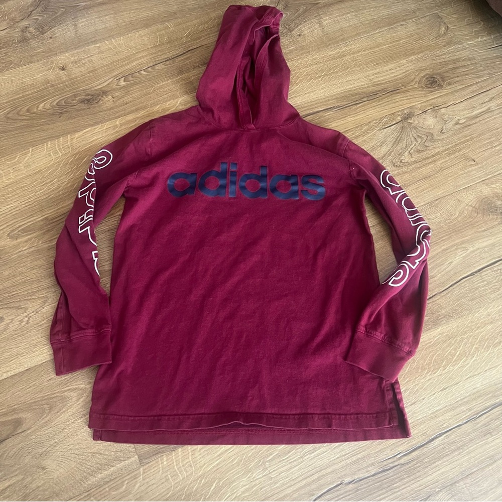 adidas Burgundy Boys Hooded Shirt – 100% Cotton – Navy Logo & Sleeve Graphics